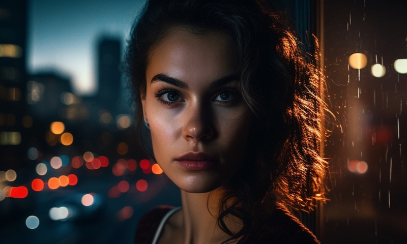 Красивая девушка бессонница в темной комнате у окна за окном ночной город