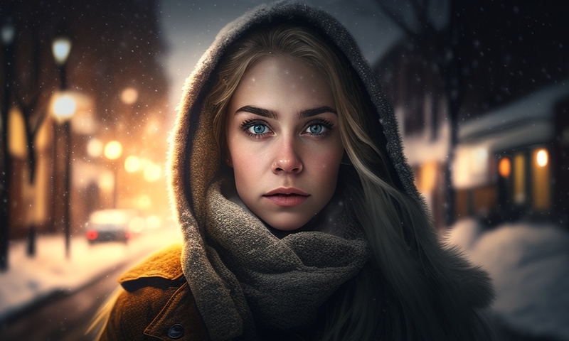 Красивая девушка ночная улица зима снег