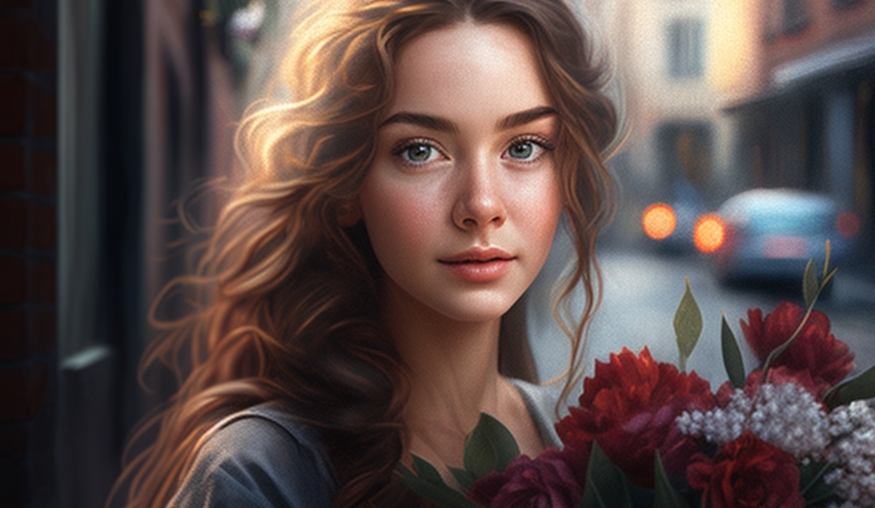 Красивая девушка с букетом цветов на улице