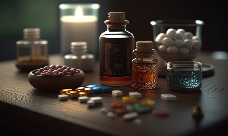 Разные лекарственные таблетки, средства на столе в комнате