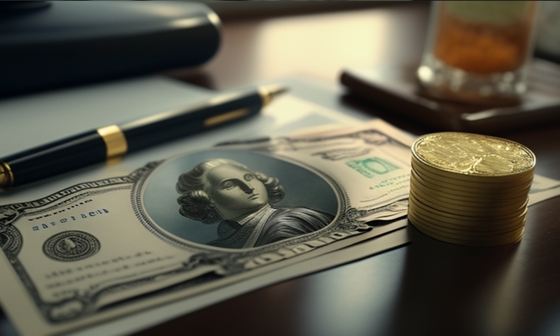 Бумажные доллары, деньги и золотые монеты на письменном столе в кабинете