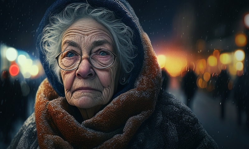 Бедная бабушка на улице зимой ночью