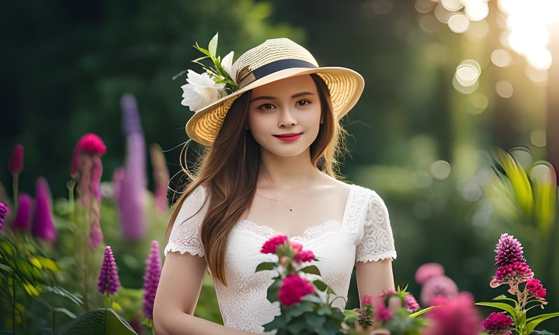 Красивая девушка в шляпе среди цветов