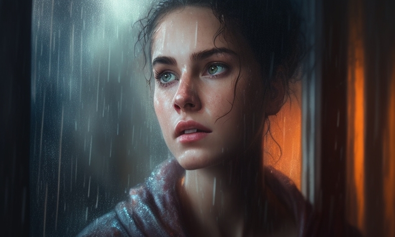 Красивая девушка за окном дождь