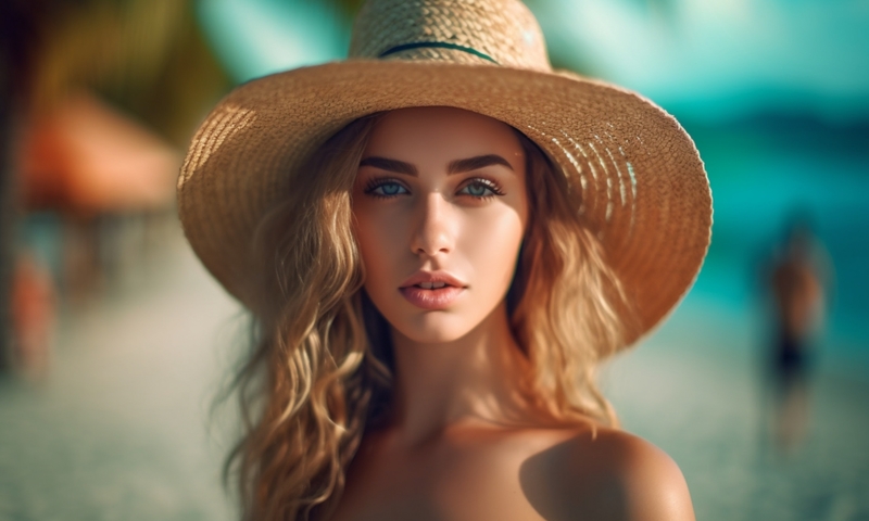 Красивая девушка в шляпе на пляже
