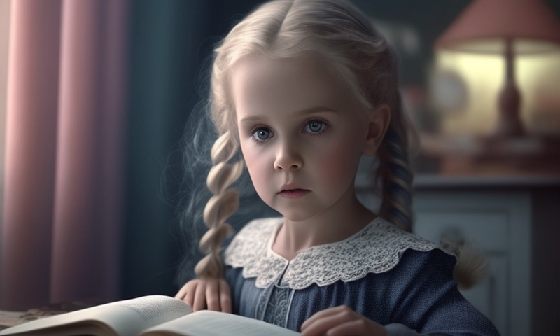 Красивая девочка с книгой за столом в комнате читает букварь
