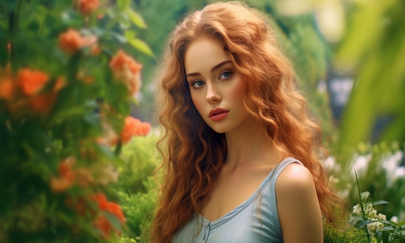Красивая рыжеволосая девушка в саду