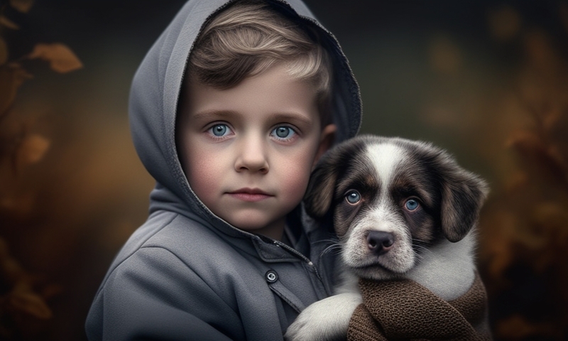 Красивый мальчик и щенок