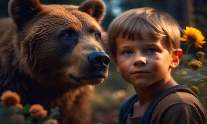 Мальчик и медведь в лесу
