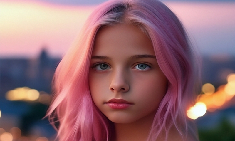 Милая красивая девочка с розовыми волосами