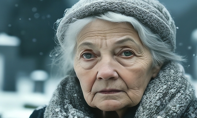 Одинокая бабушка зимой на кладбище улице