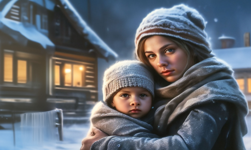 Женщина с ребёнком на улице зимой ночью