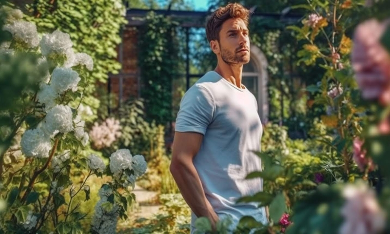 Красивый мужчина в цветущем саду