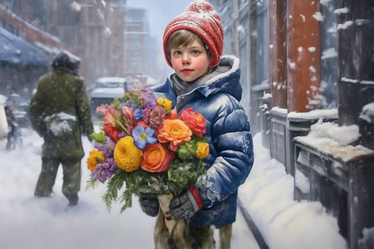 Красивый мальчик с цветами зимой
