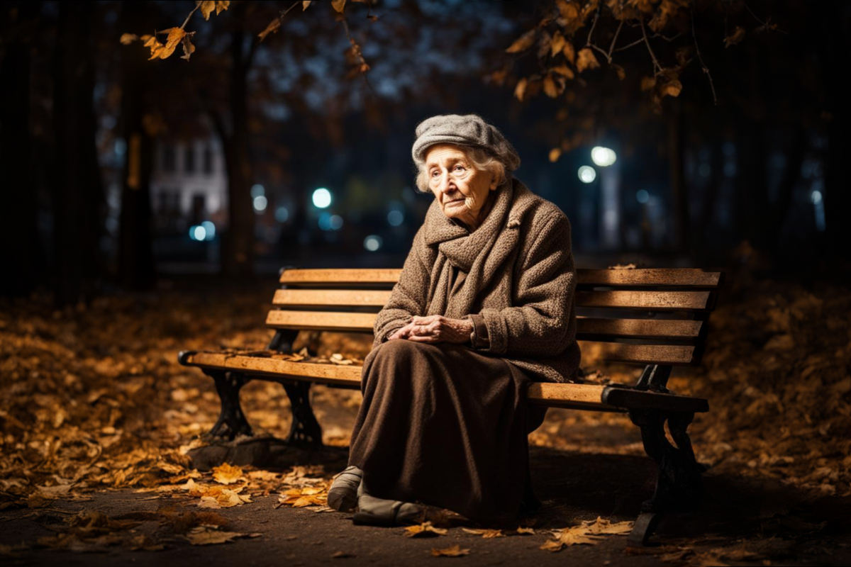 Бездомная бабушка сидит на скамейке ночью в парке осень