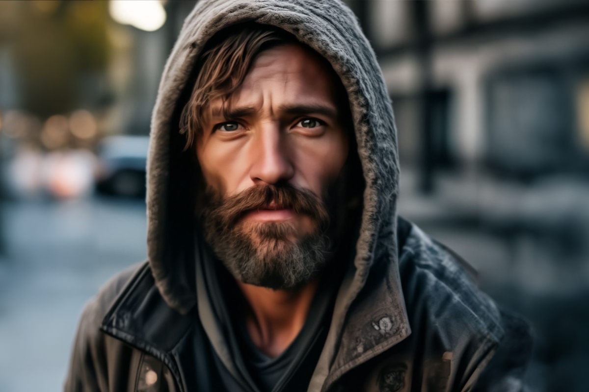 Бездомный мужчина с бородой