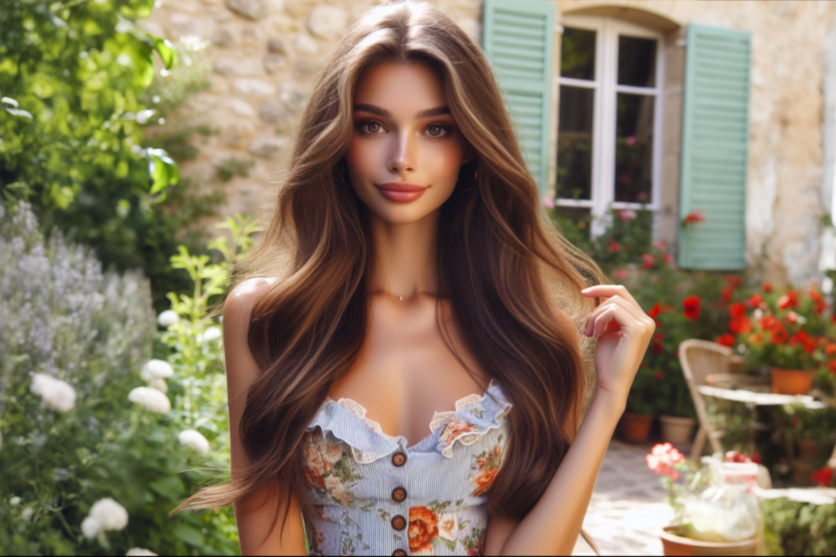 Красивая девушка с шикарными длинными волосами в саду
