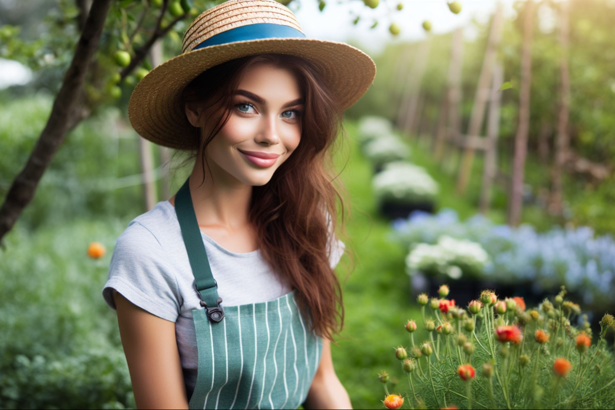 Девушка в шляпе в саду садовод