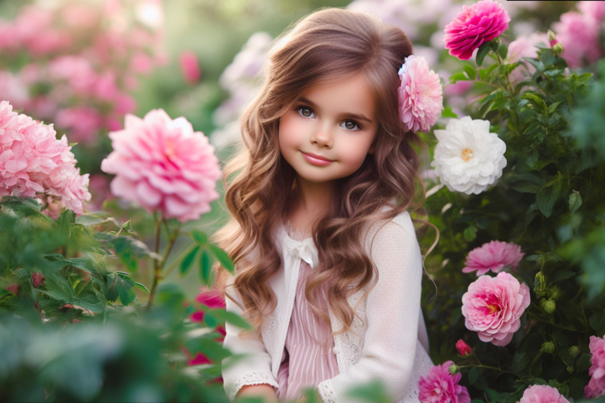 Красивая девочка в саду с цветами