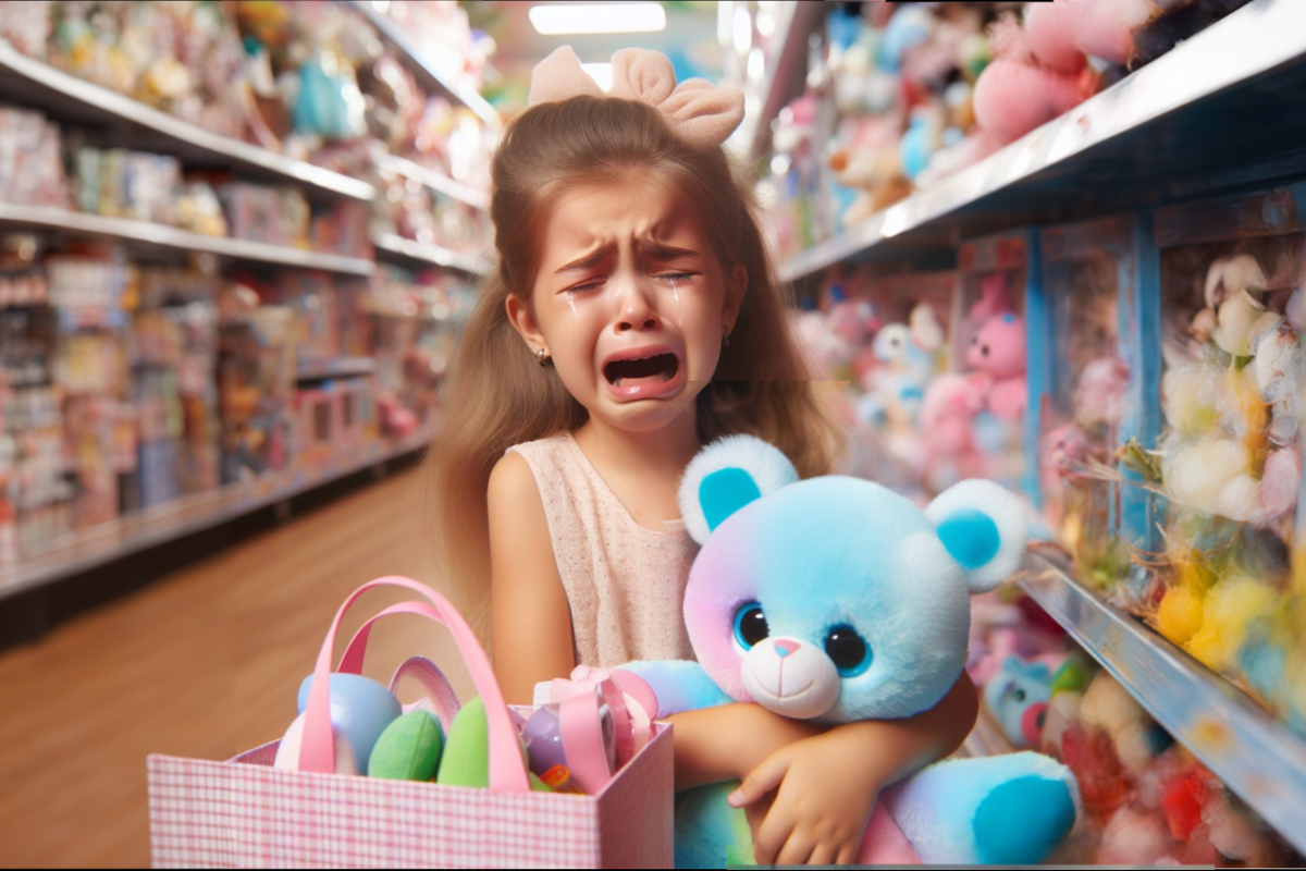 Девочка плачет в магазине игрушек