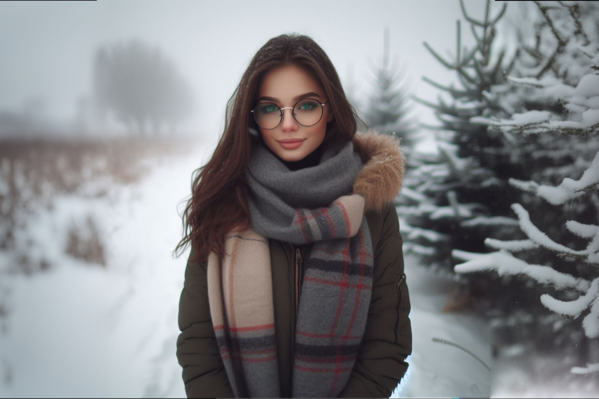 Красивая девушка в очках зимой на улице