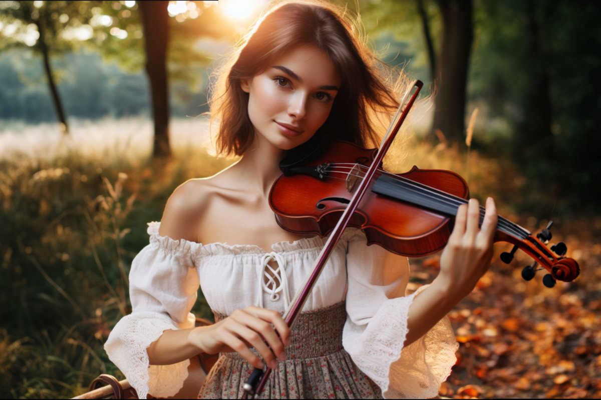 Красивая девушка играет на скрипке. Скрипачка