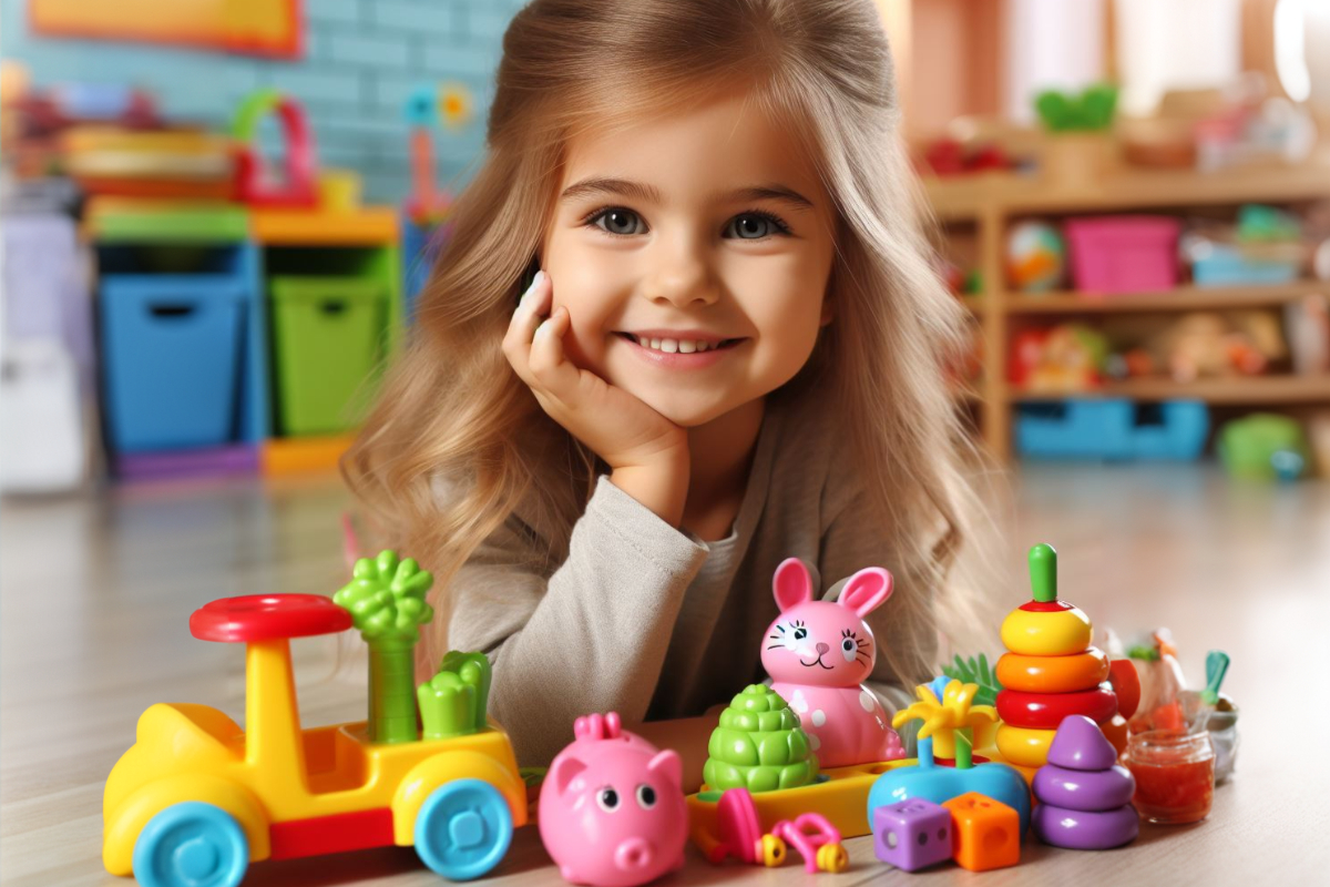 Красивая девочка играет с игрушками в детском саду