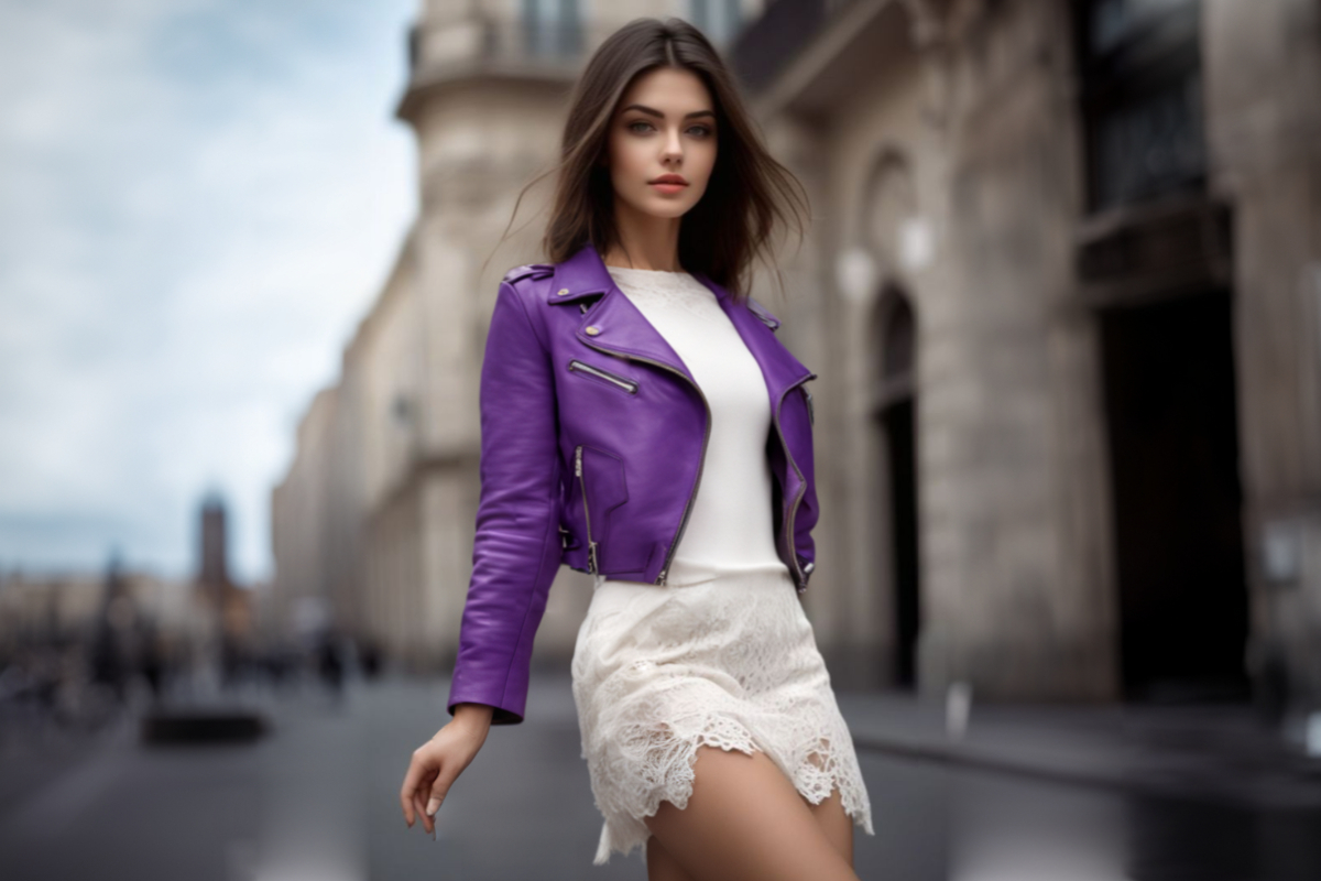 Красивая девушка фиолетовая кожаная куртка