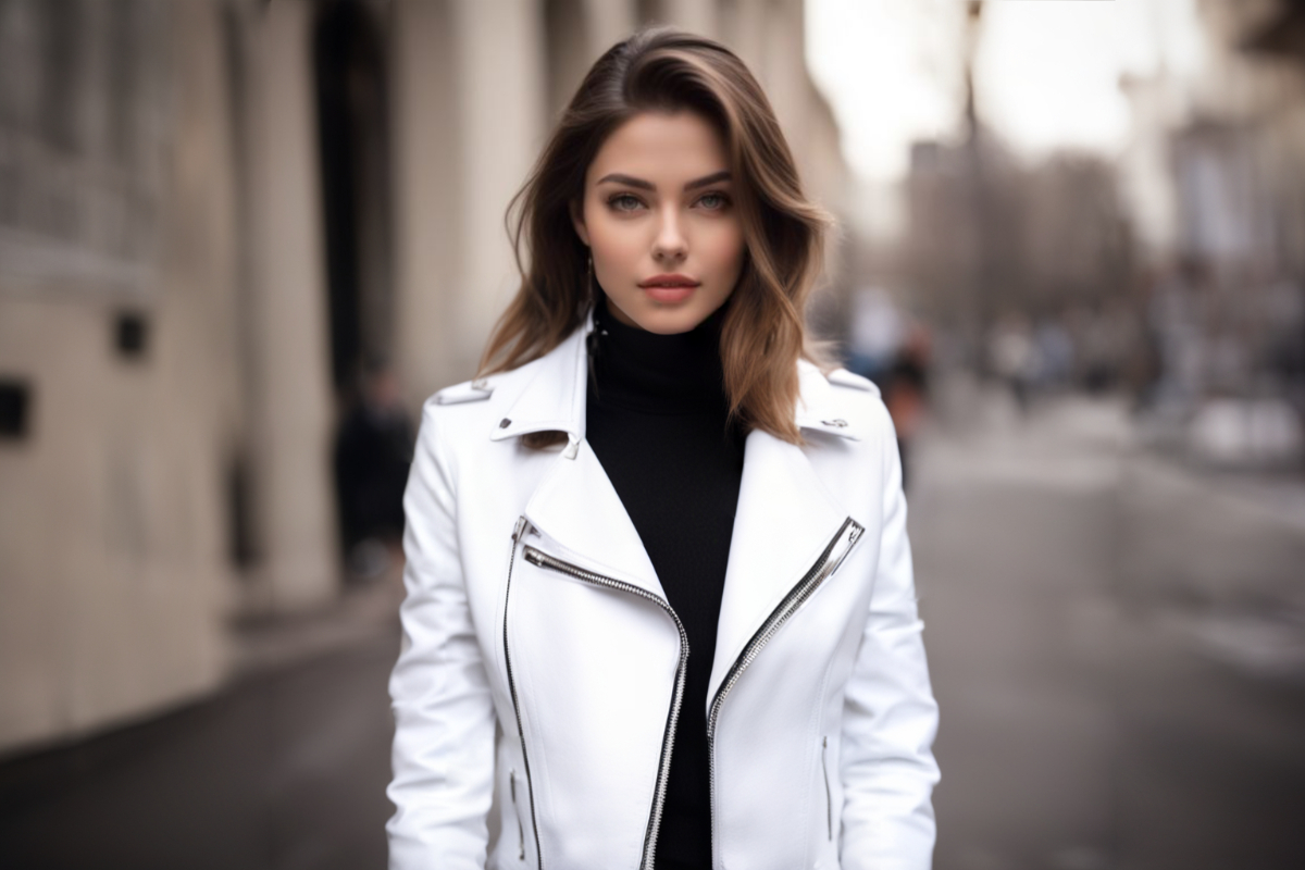 Белая кожаная куртка и красивая девушка