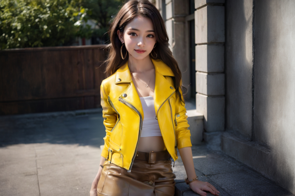 Красивая девушка жёлтая кожаная куртка