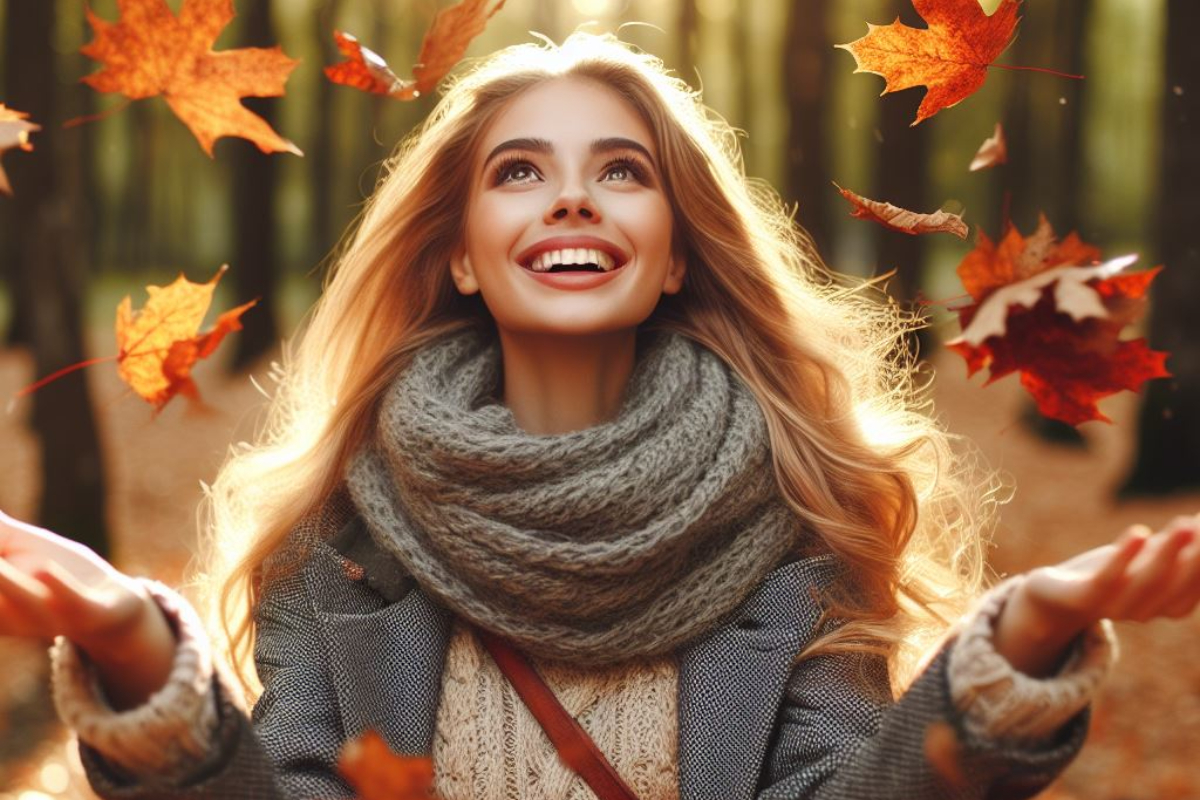 Счастливая девушка осенью в лесу