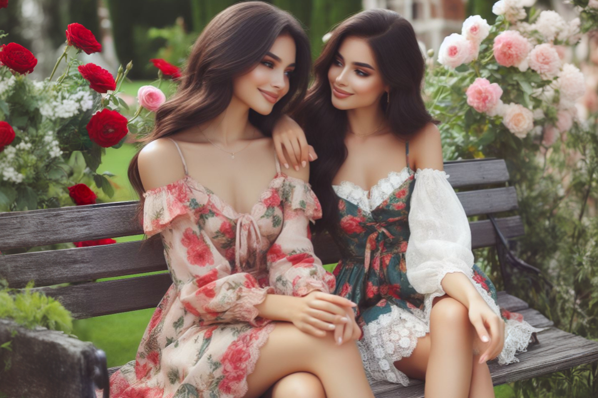 Красивые девушки две подруги в саду