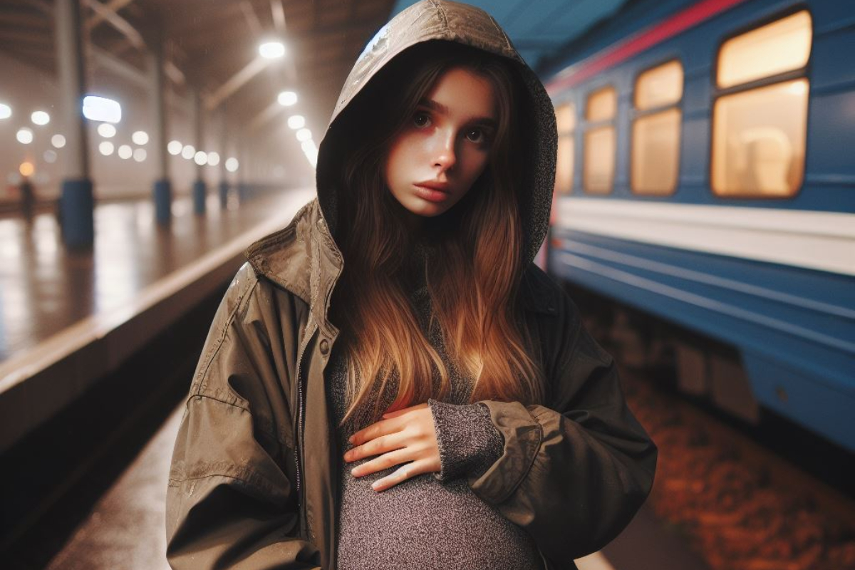 Беременная женщина у поезда на вокзале