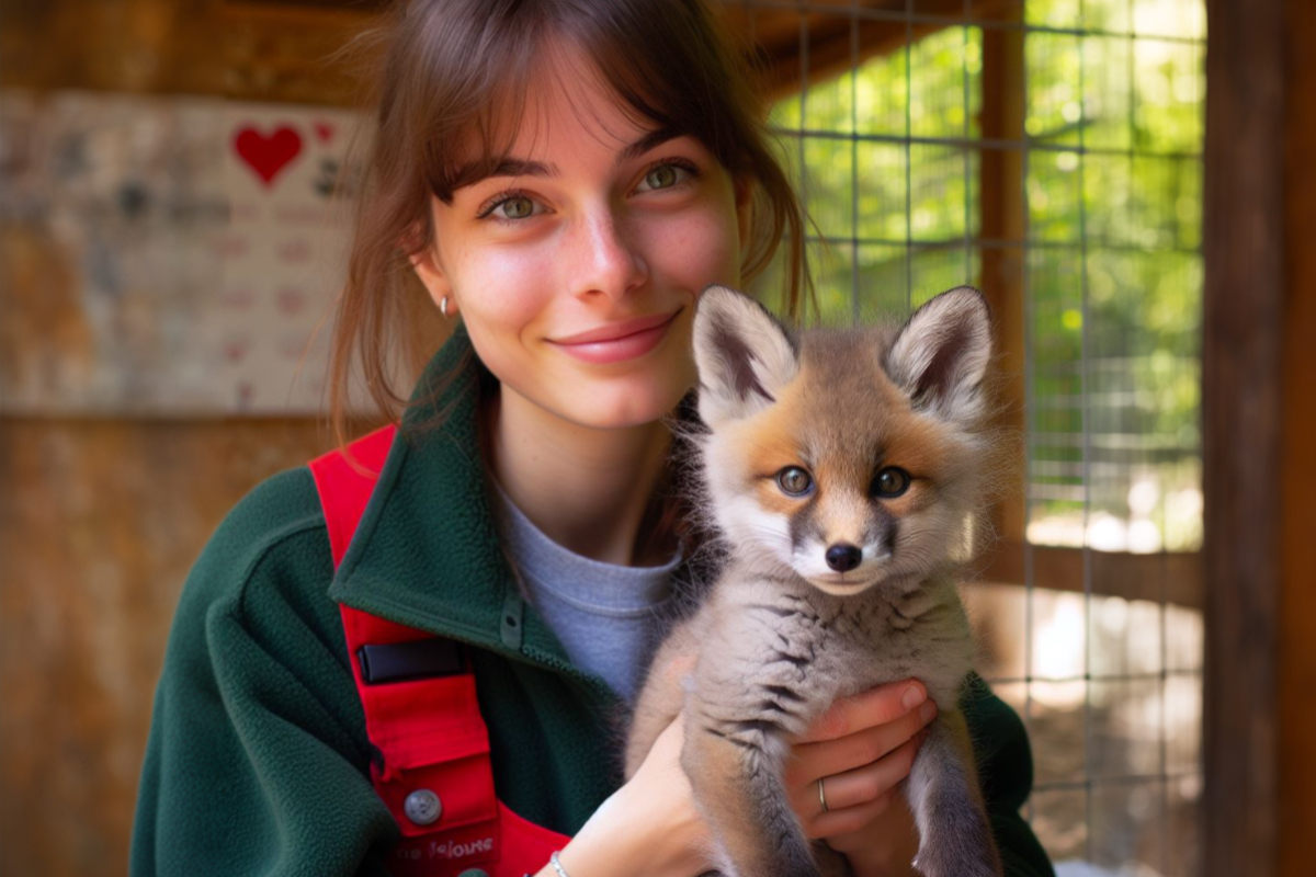 Волонтёрство с животными, девушка с лисёнком
