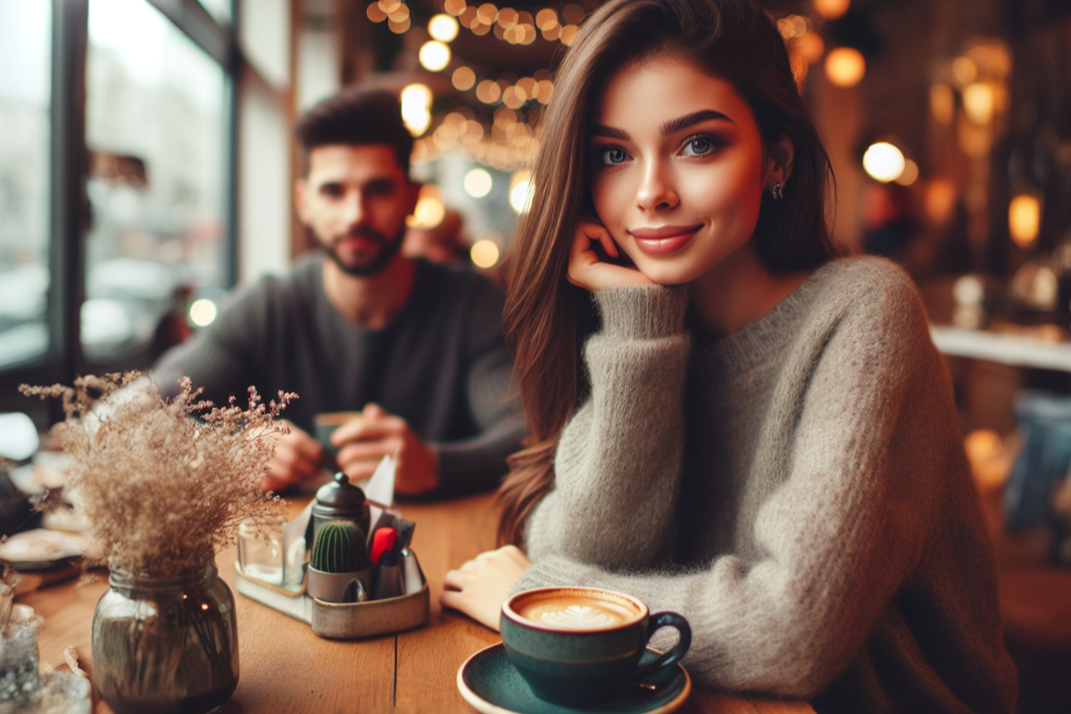 Красивая девушка в кафе пьёт кофе