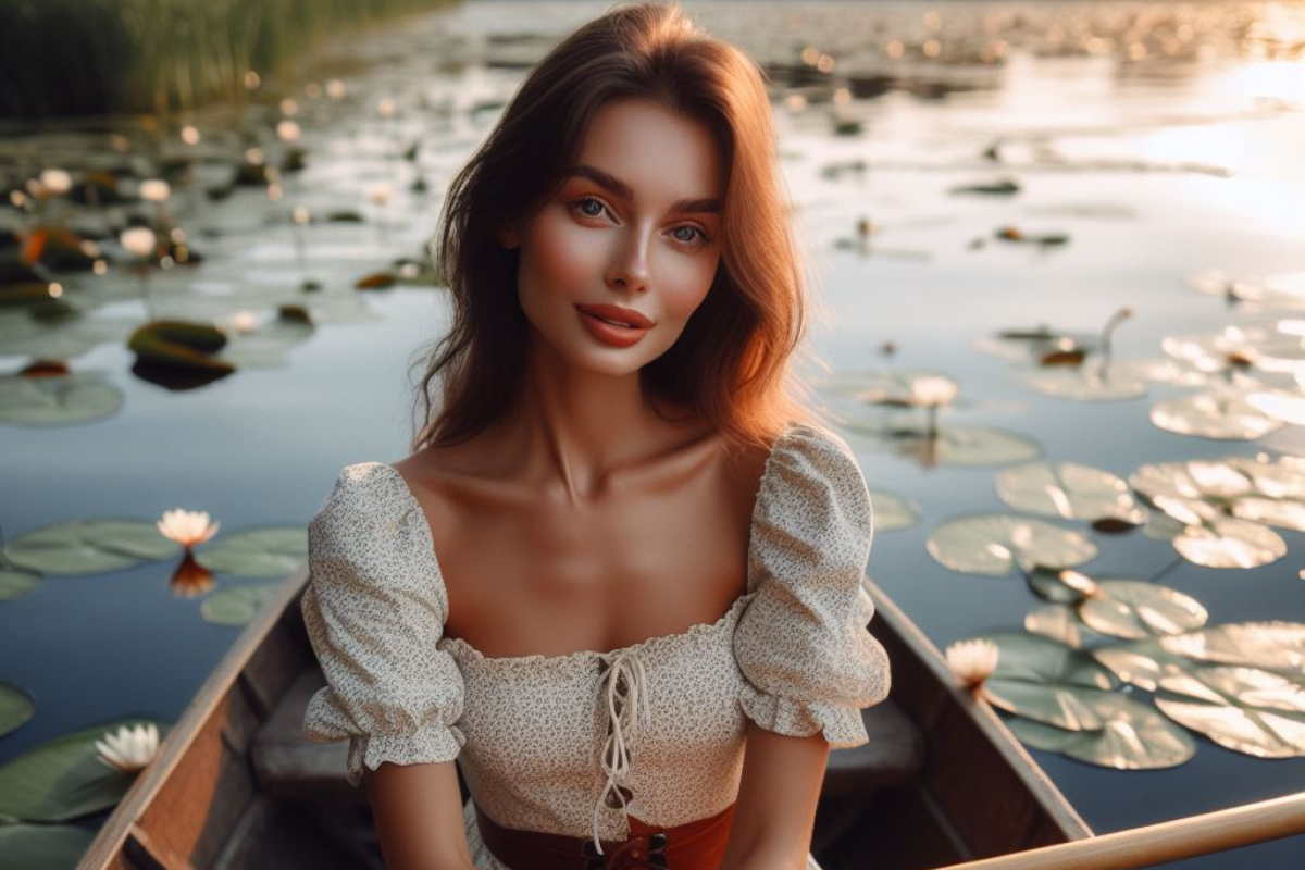 Девушка на лодке катается по реке растут кувшинки