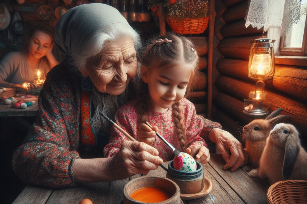 Бабушка и внучка красят пасхальное яйцо
