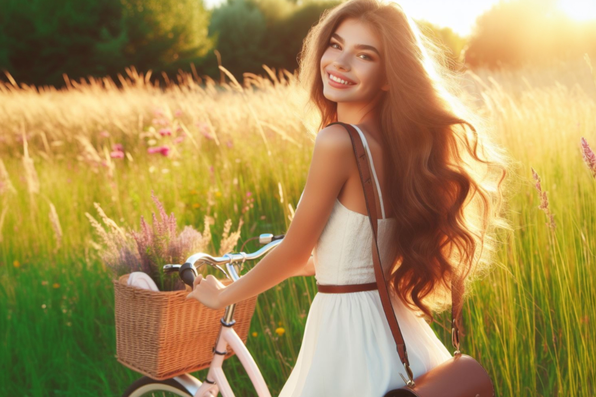 Красивая счастливая девушка на велосипеде