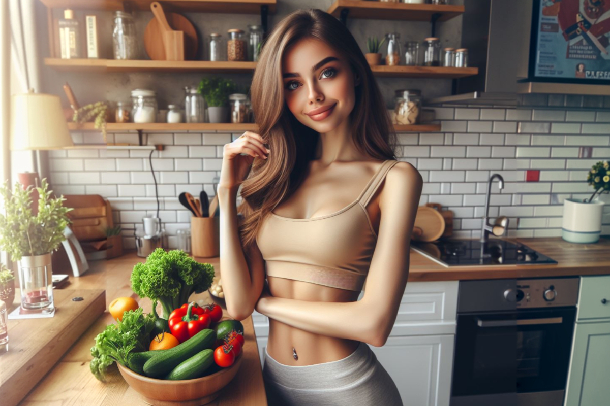 Здоровое питание и стройная девушка на кухне