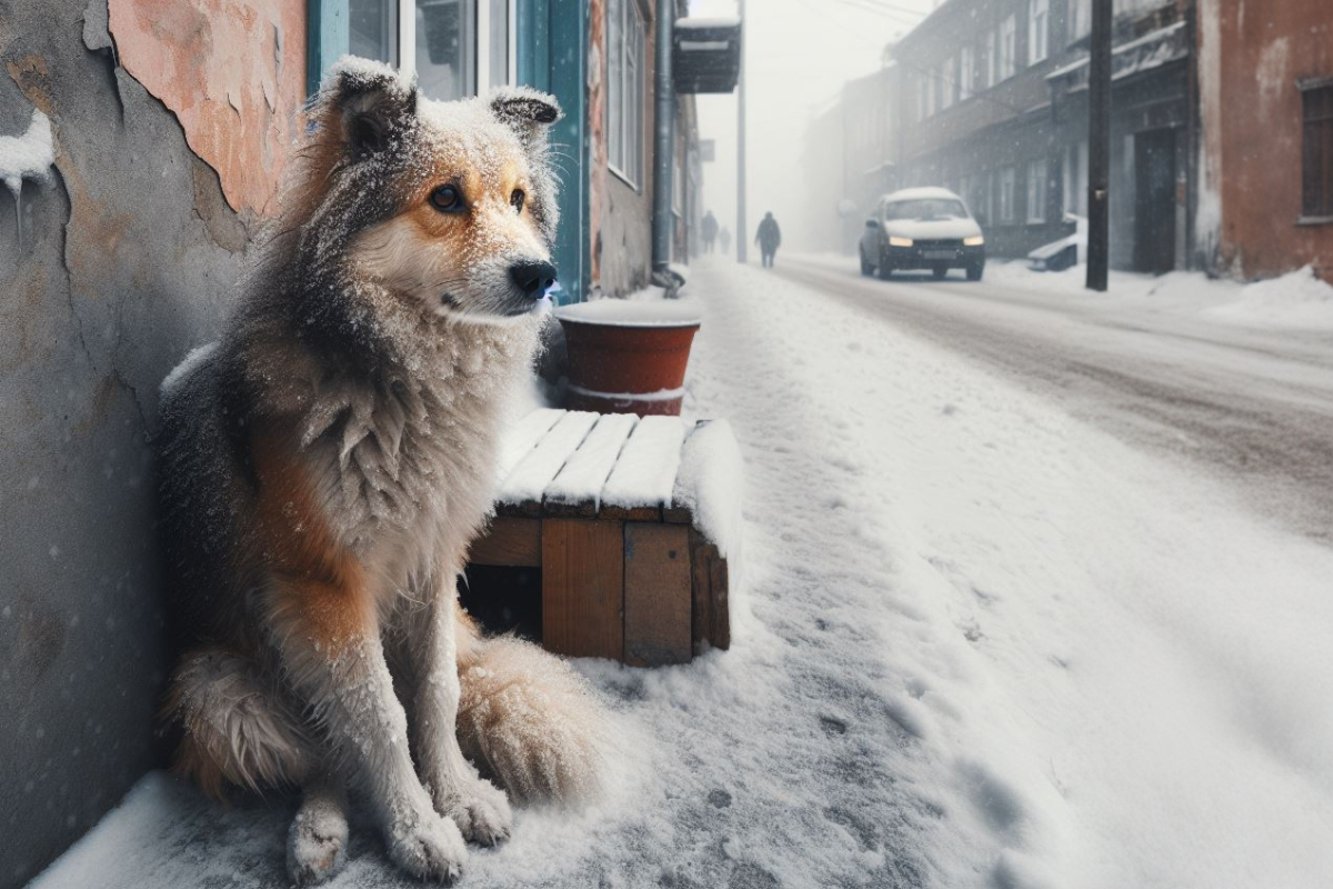 Бездомная собака на улице зимой