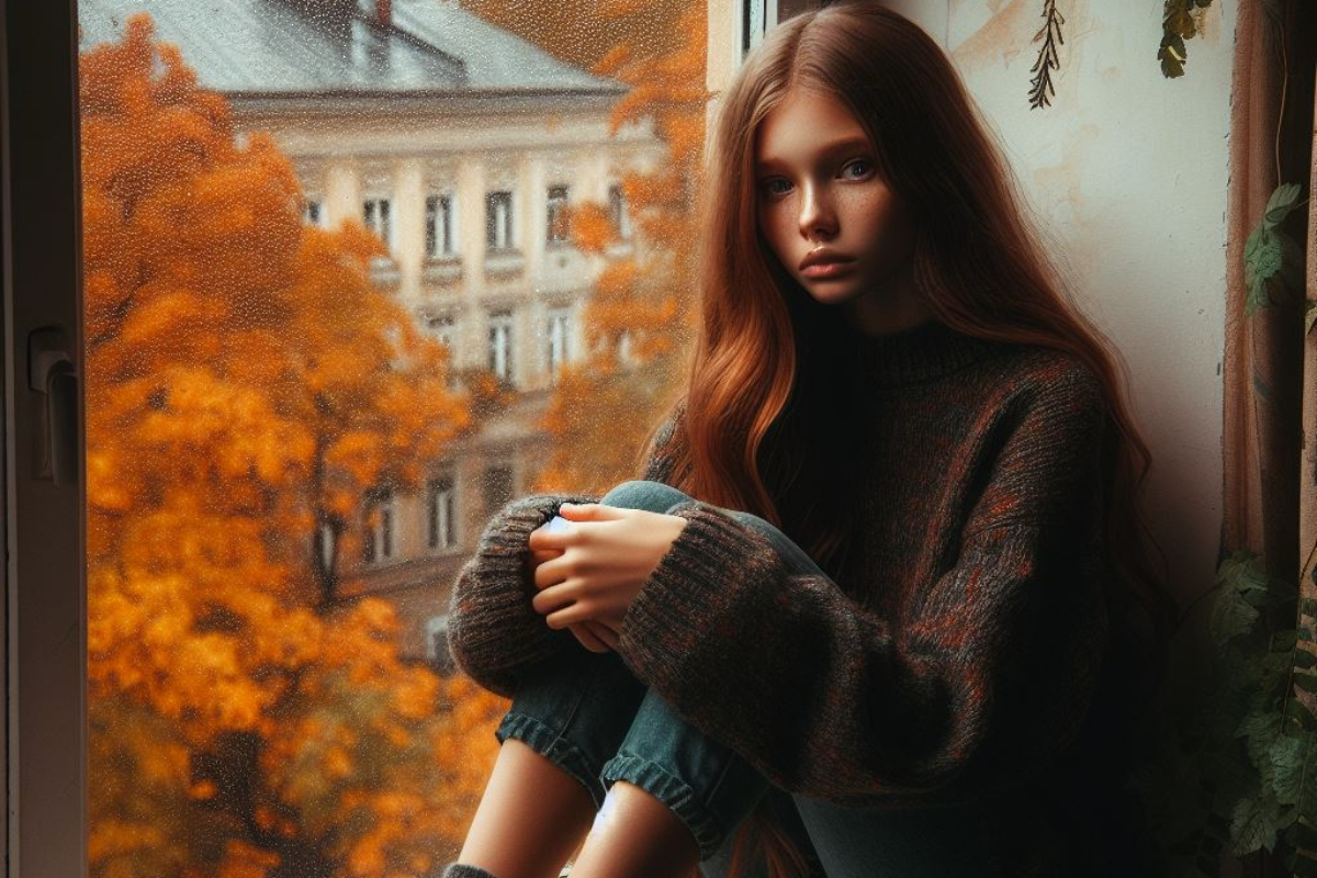 Красивая грустная девушка без настроения сидит у окна