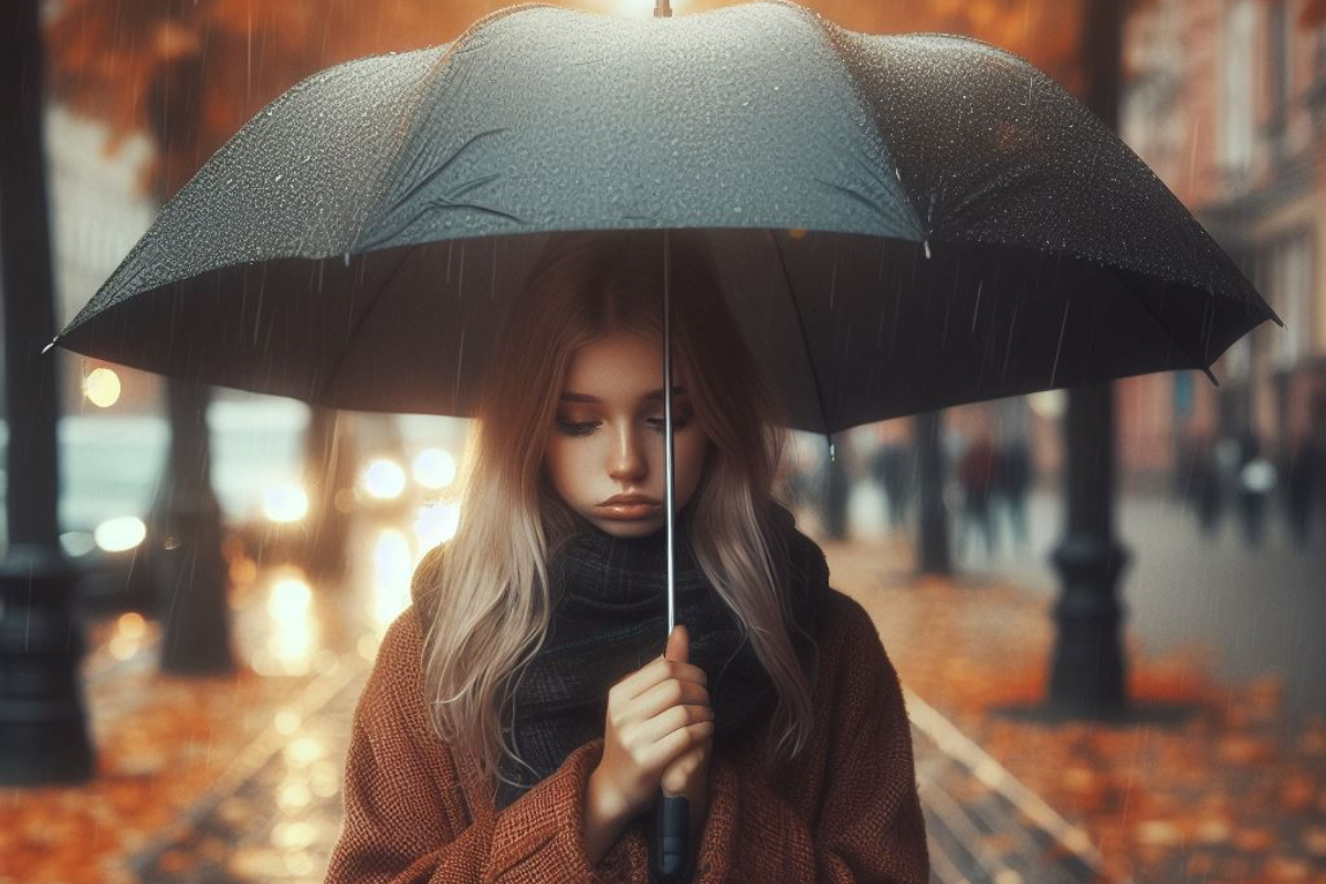 Грустная девушка под зонтиком