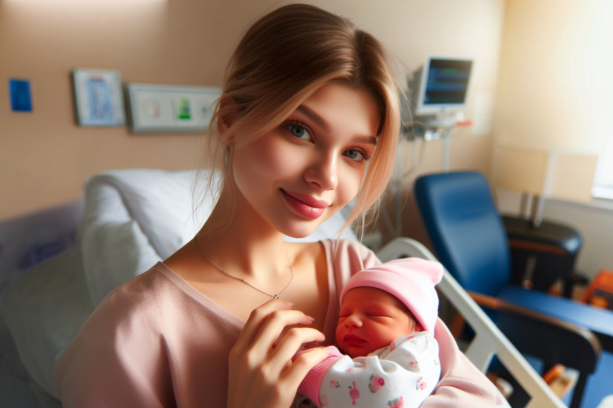 Женщина с новорожденным ребёнком в больнице роддома