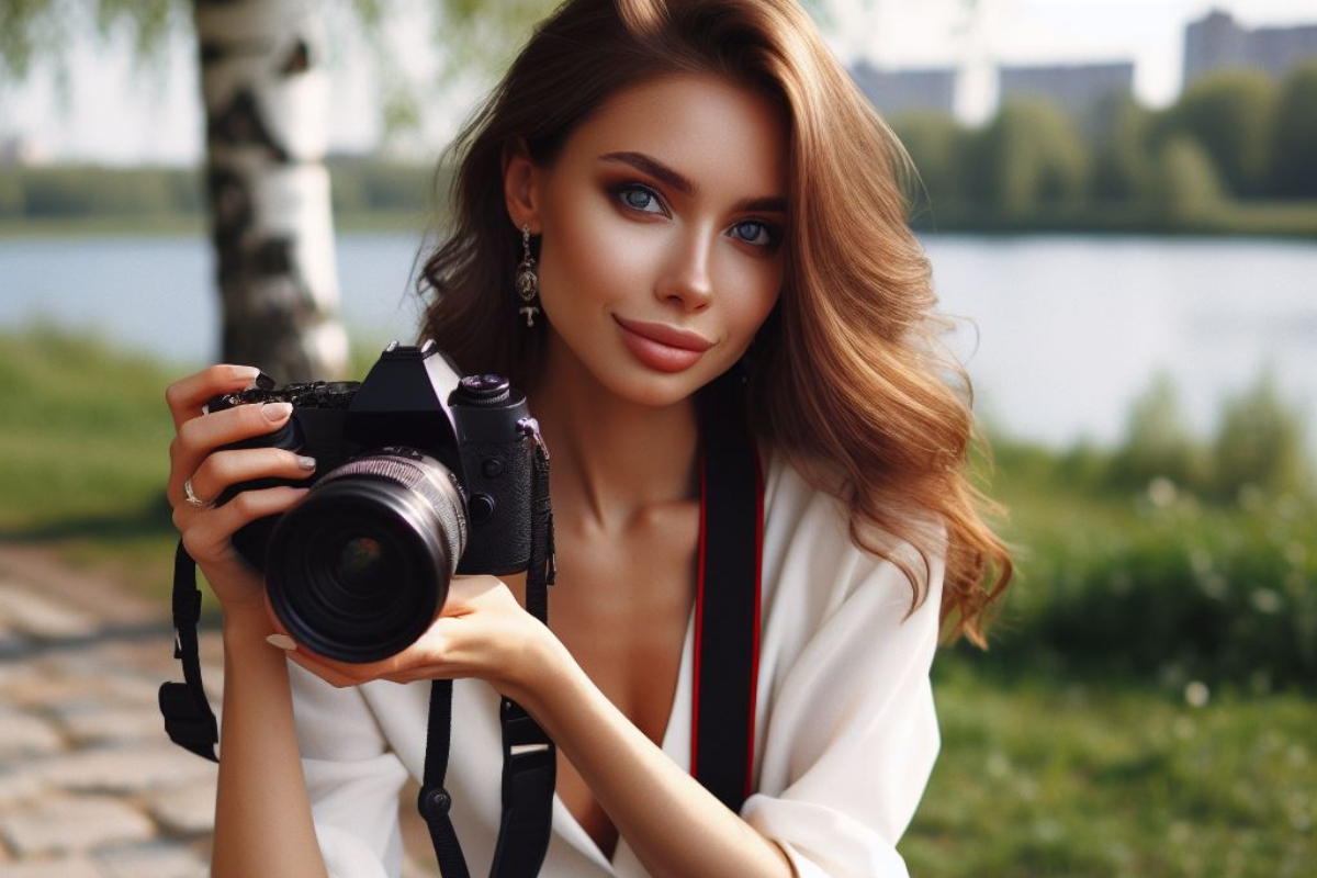 Красивая девушка из Инстаграм с фотоаппаратом