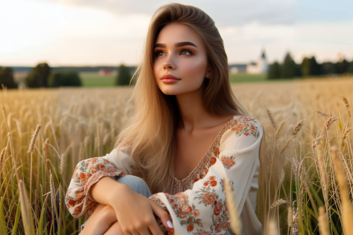 Красивая девушка сидит на пшеничном поле