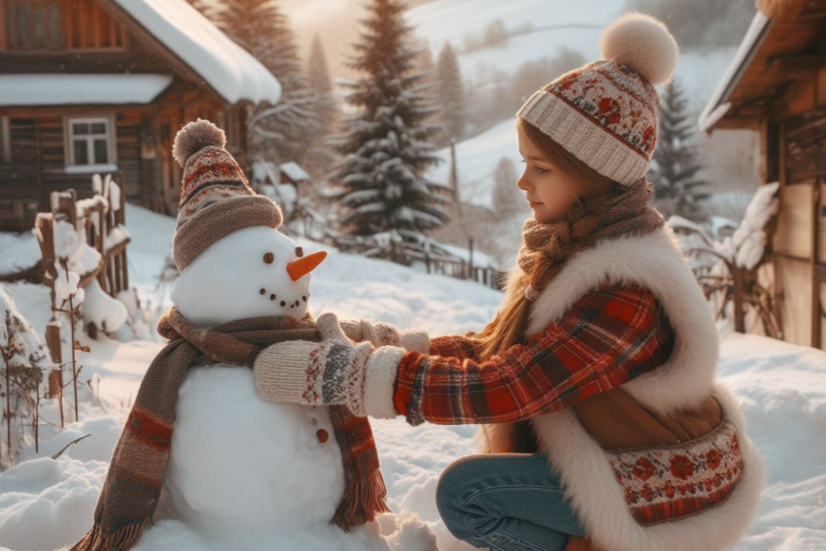 Девочка лепит снеговик