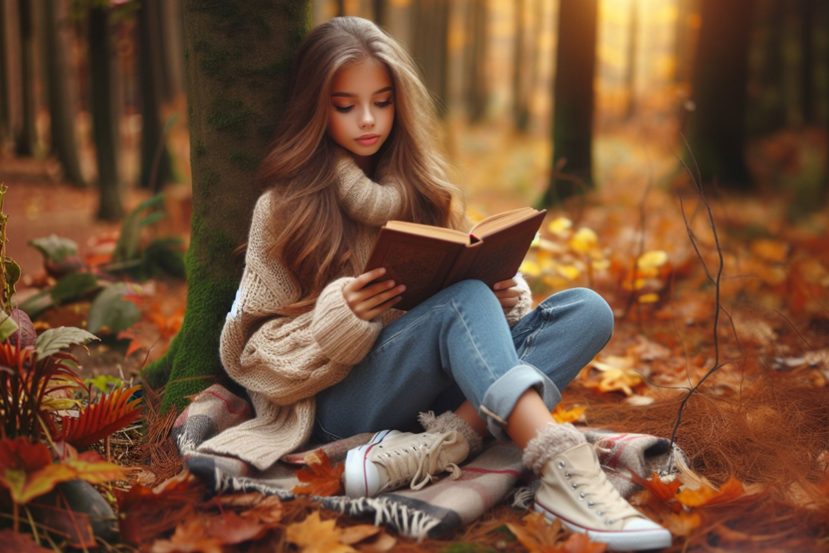 Красивая девушка читает книгу в лесу
