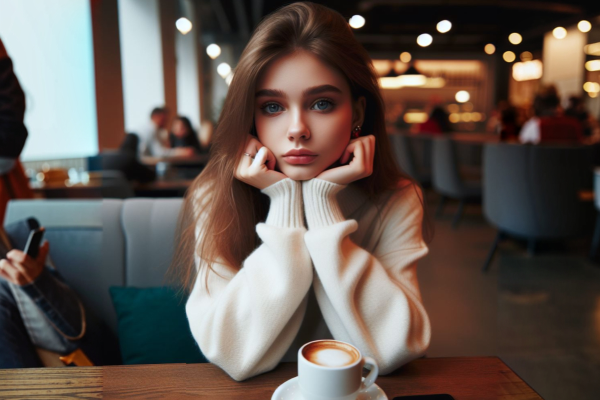 Необщительная девушка сидит в кафе