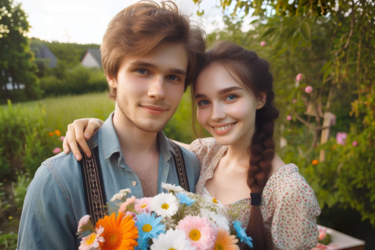 Девушка и парень, цветы, первое свидание